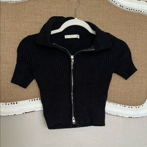 Black Ribbed Zip-Up Top